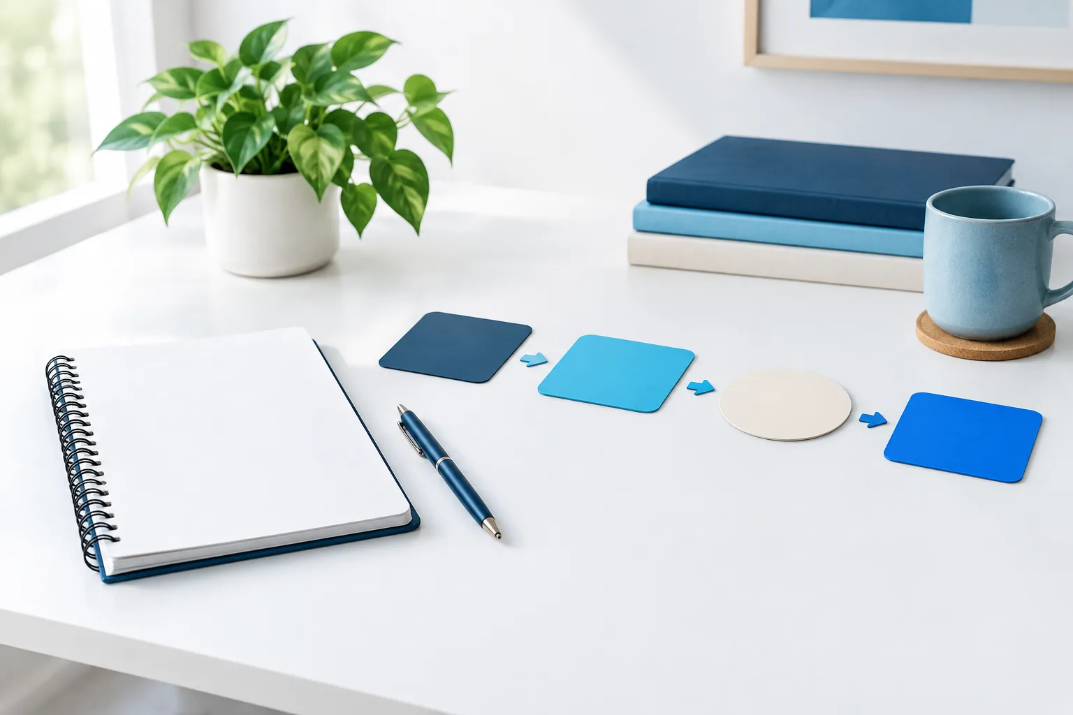 A tidy desk with a notebook and blank workflow cards beside a small plant.
