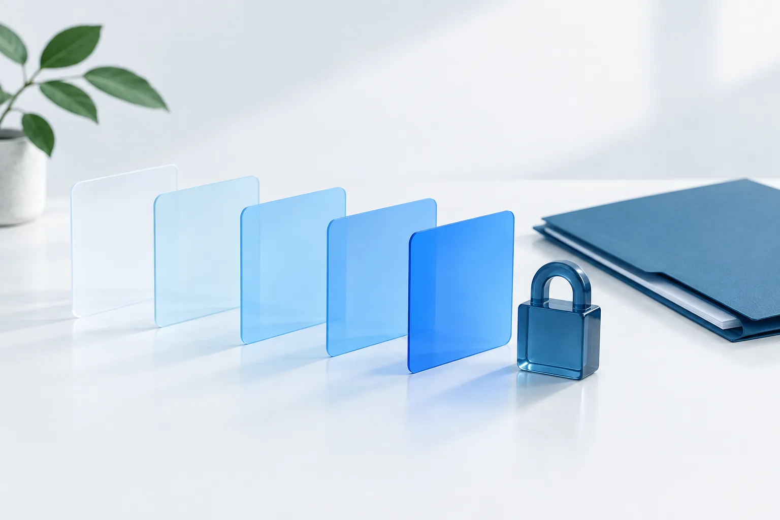 Unmarked cards arranged in a sequence beside a folder and a small lock-shaped object.