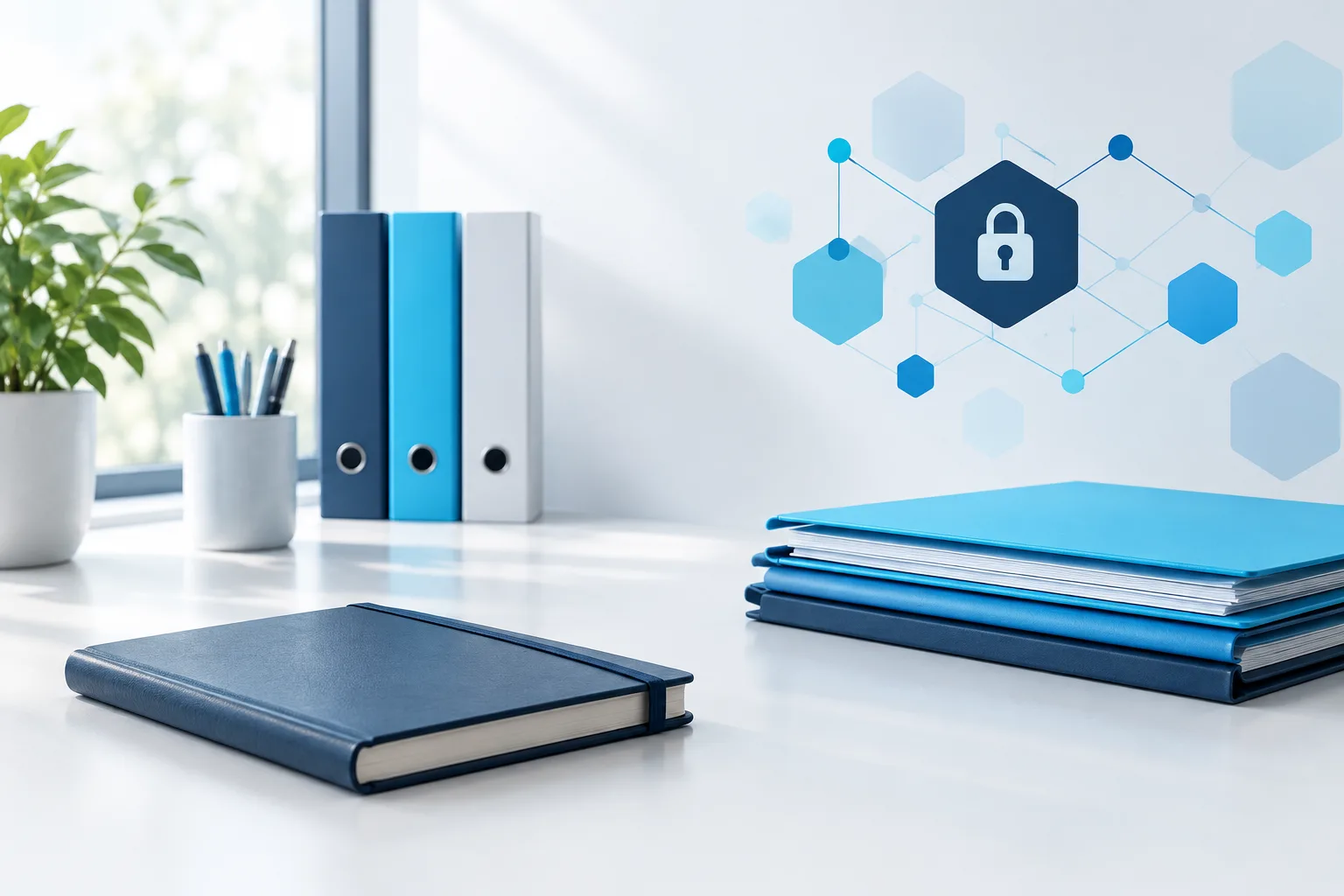 Neatly arranged folders and a notebook in a calm, professional workspace.