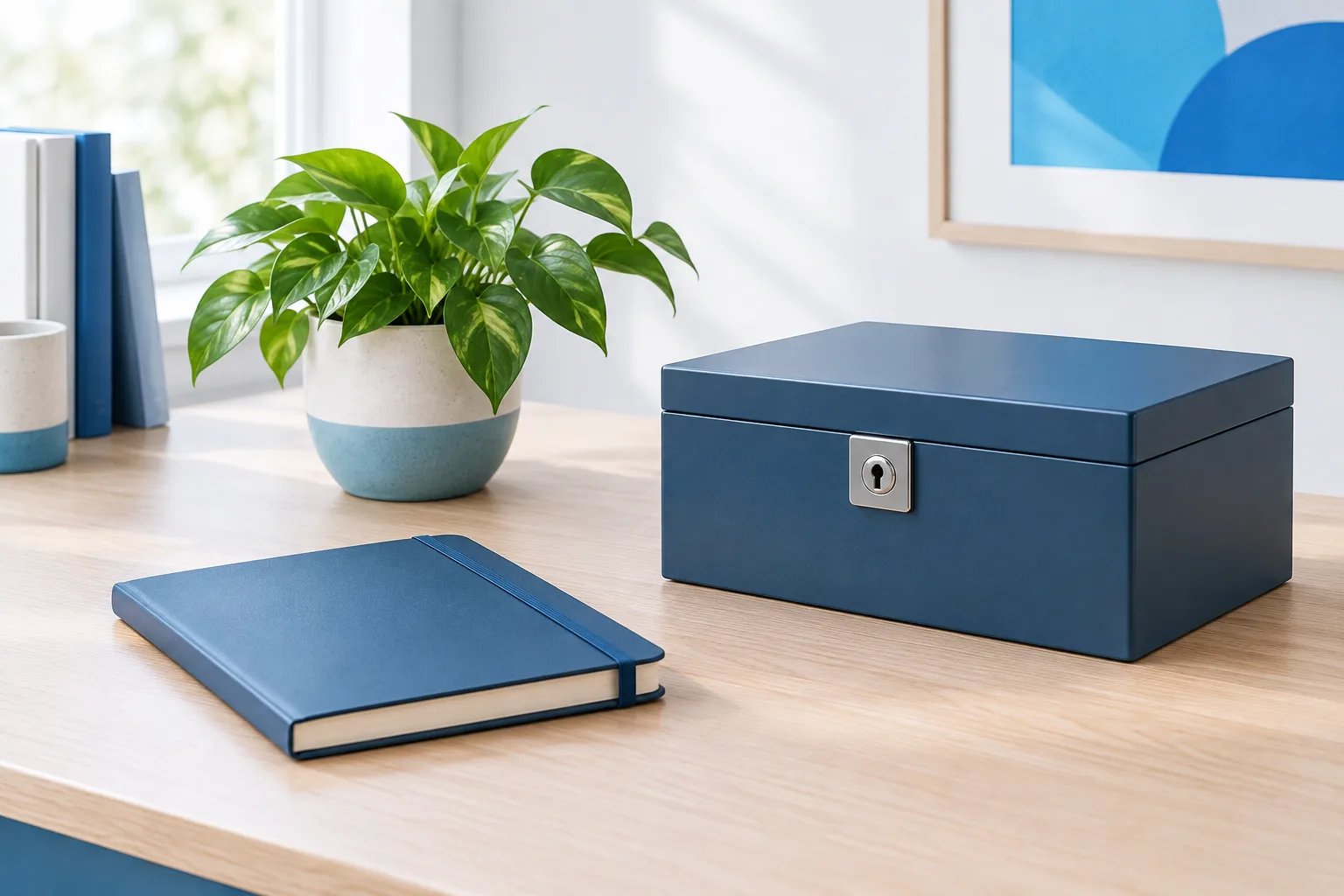 A closed notebook and plain storage box on a tidy office desk.